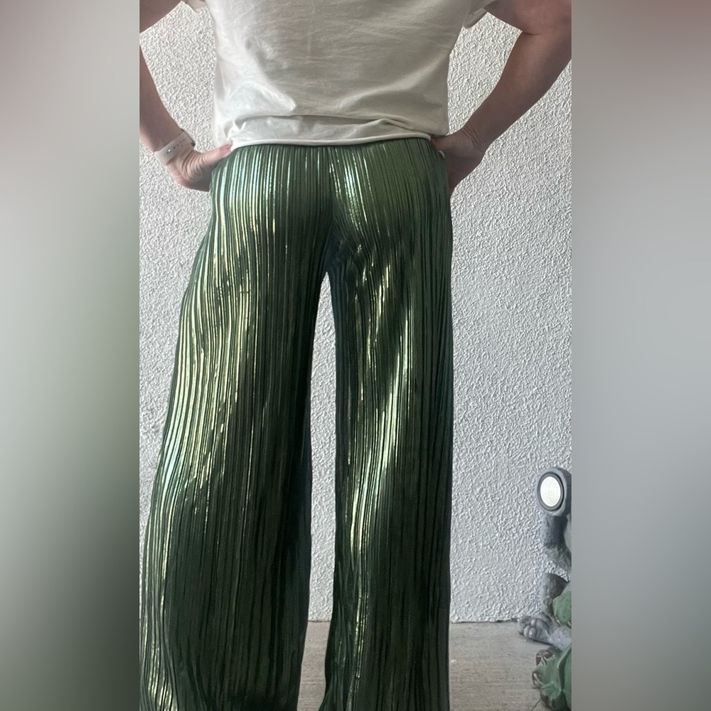 NWOT Nightcap Clothing green metallic pleated wide leg pants small pull on style - Picture 7 of 8